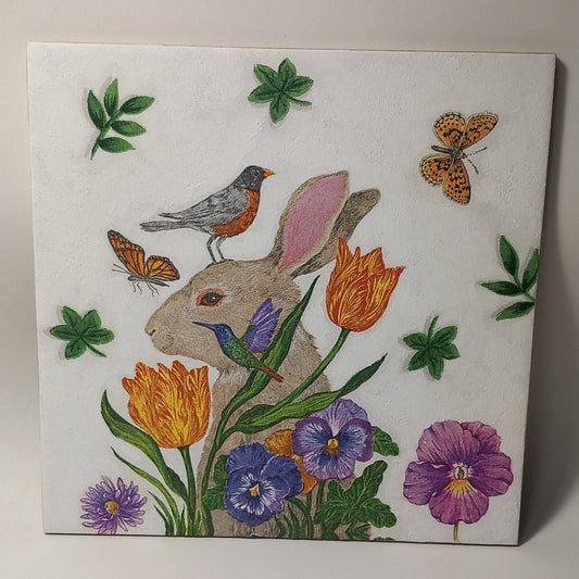 Azulejo conejo con pájaro en la cabeza